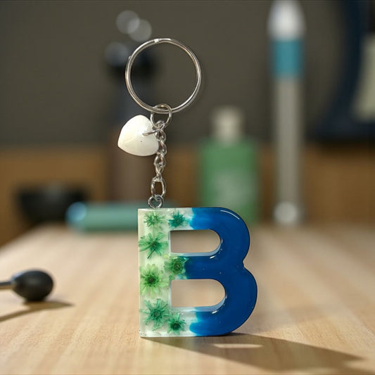 Handmade Letter B Resin Dried Flowers Keychain