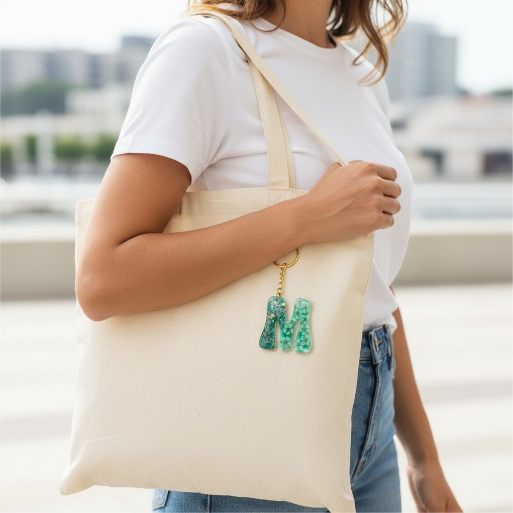 Resin Initial Keychain M – Glitter Sequins