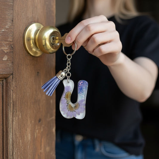 Handmade U Resin Dried Flowers Glitter Tassel Keychain