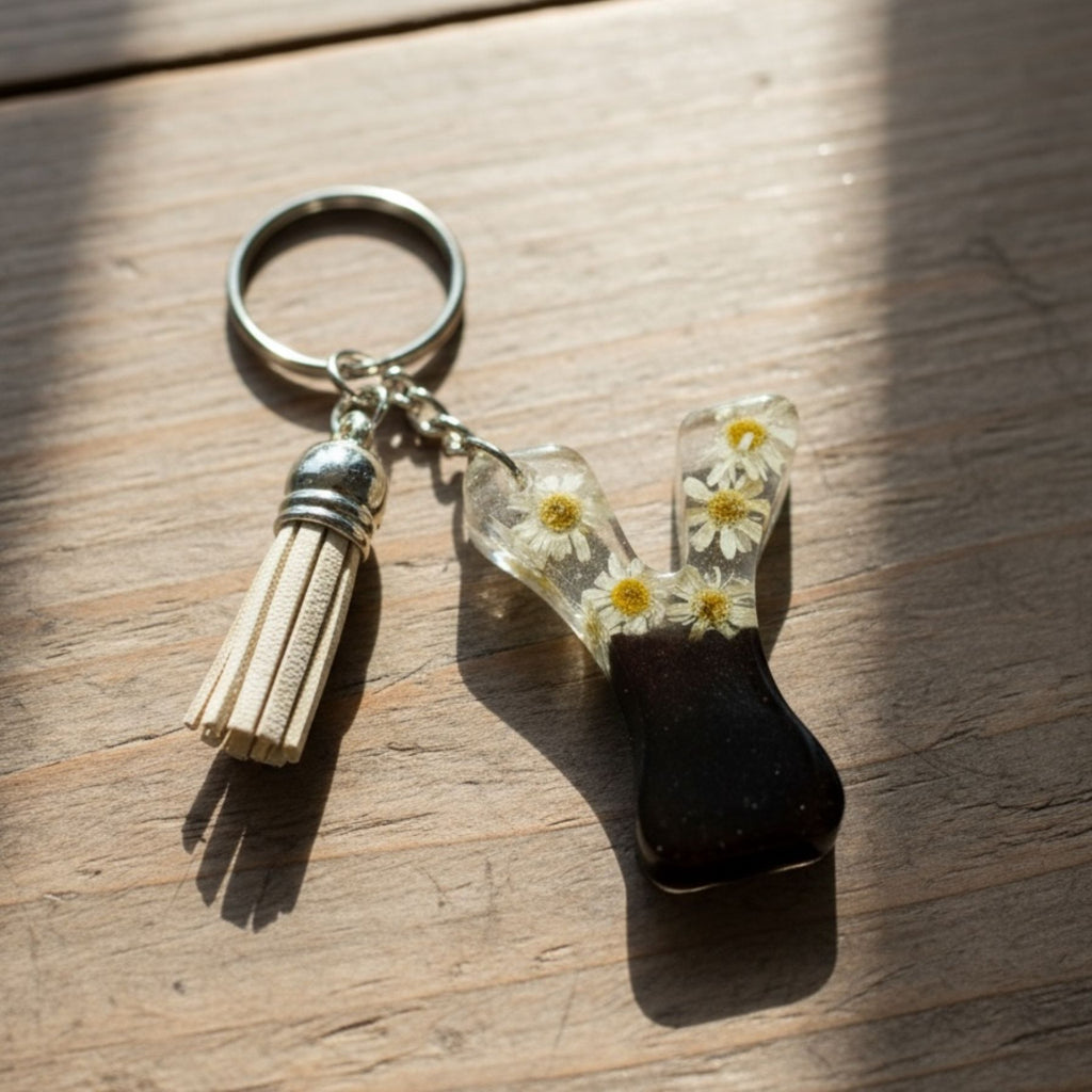 Y Resin Keychain with Dried Flowers Tassel