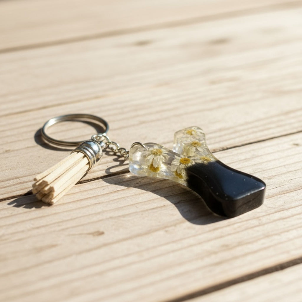 Y Resin Keychain with Dried Flowers Tassel
