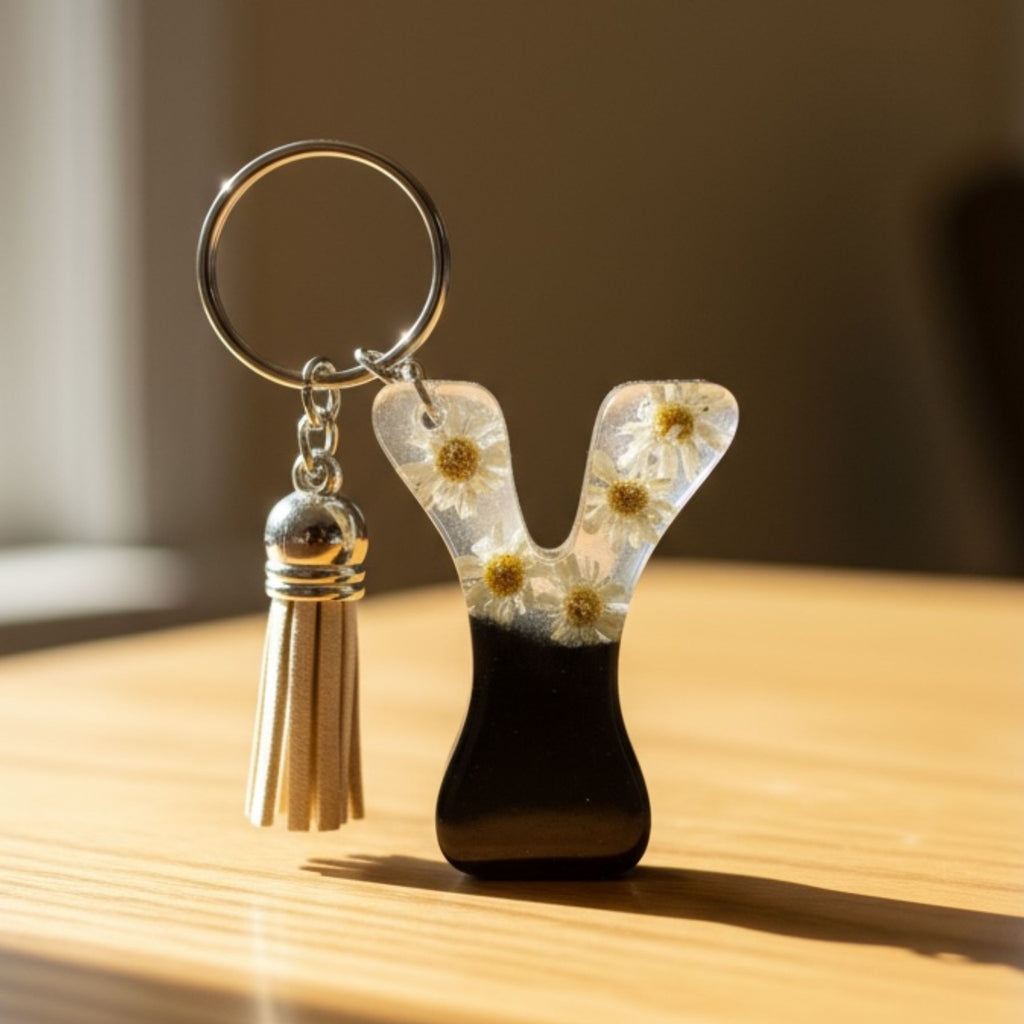 Y Resin Keychain with Dried Flowers Tassel