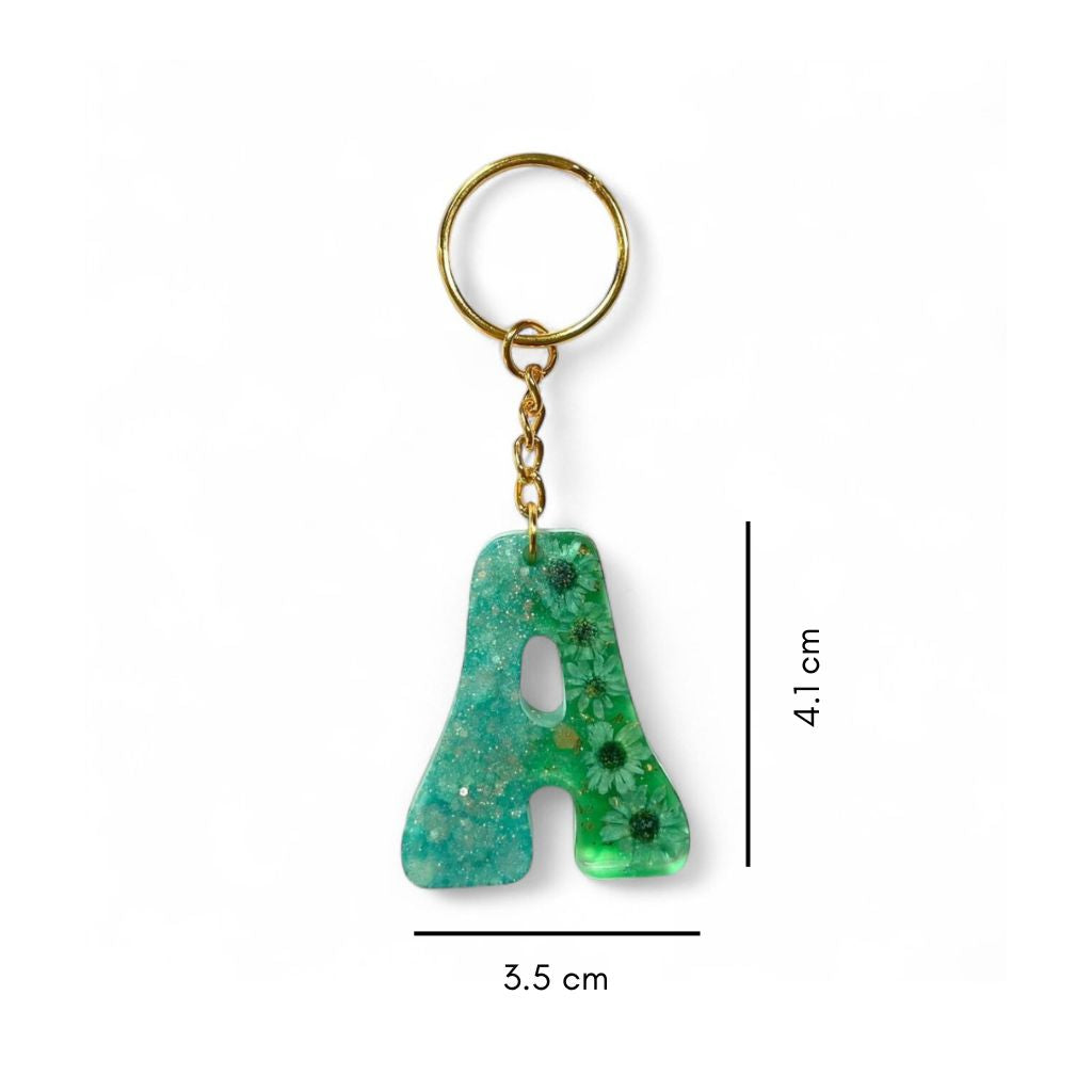 Green Resin Initial Keychain – Dried Flowers & Sequins