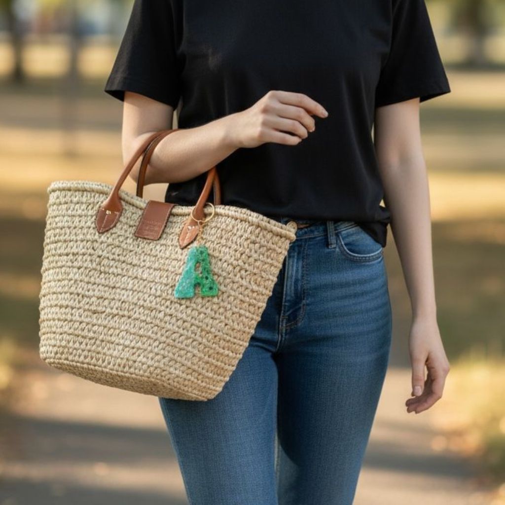 Green Resin Initial Keychain – Dried Flowers & Sequins