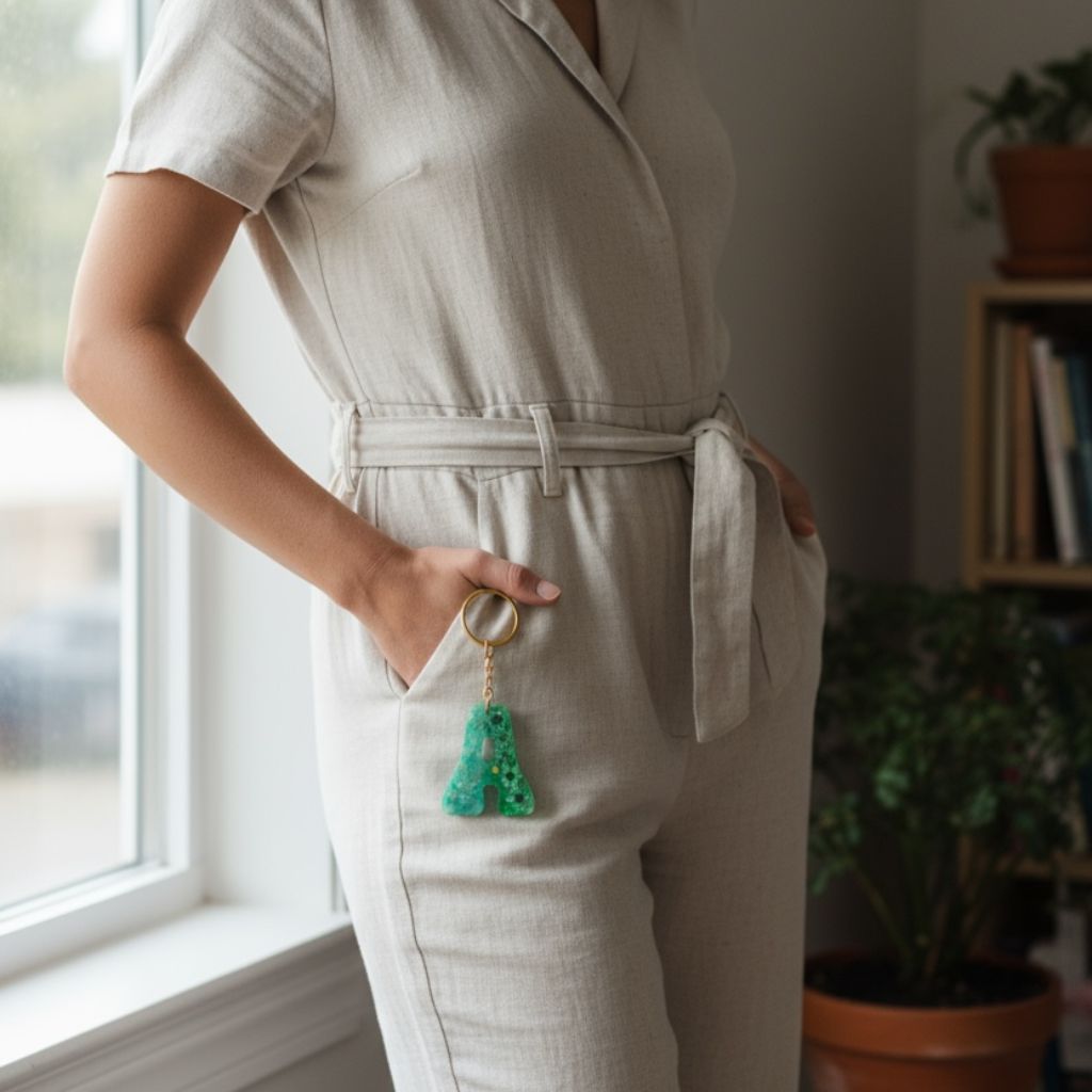 Green Resin Initial Keychain – Dried Flowers & Sequins