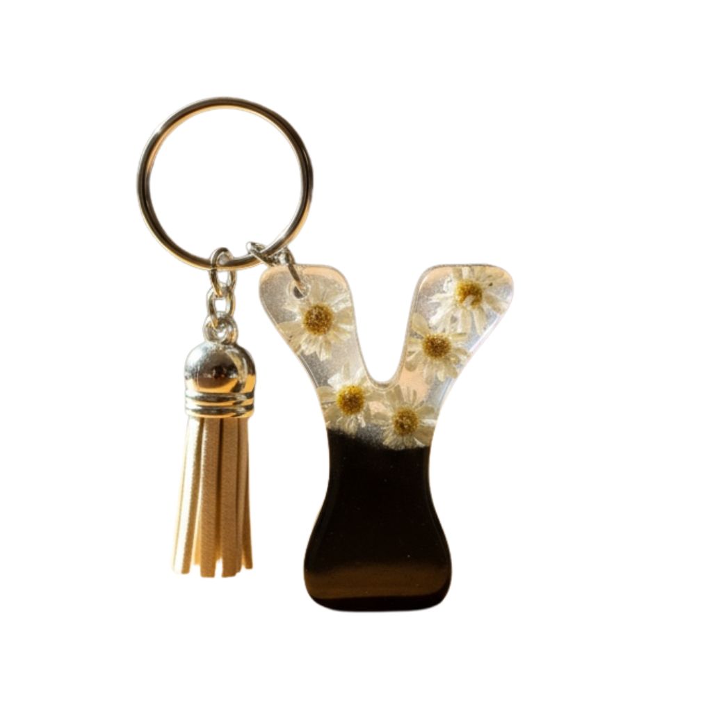 Y Resin Keychain with Dried Flowers Tassel