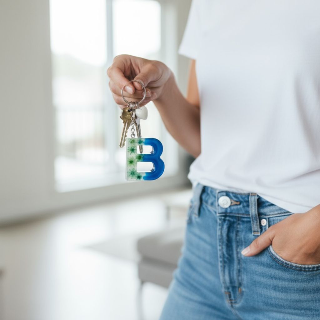 Handmade Letter B Resin Dried Flowers Keychain