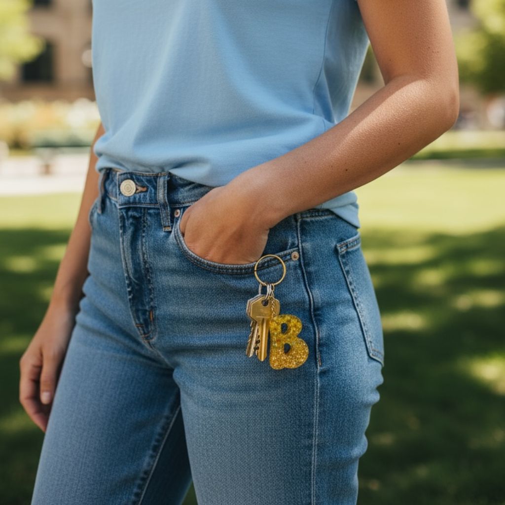 Handmade Letter B Resin Dried Flowers Glitter Keychain