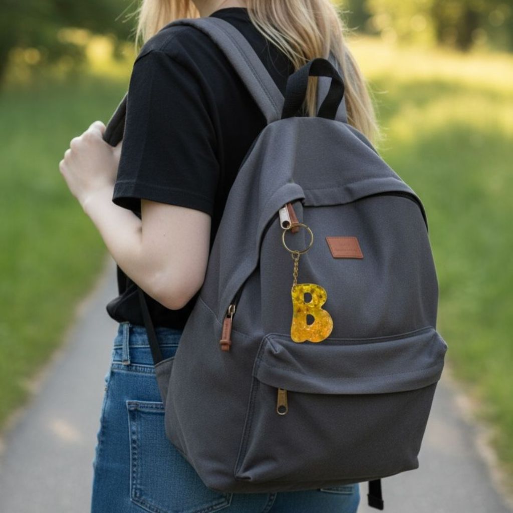 Resin Initial Keychain B - Dried Flowers Glitter