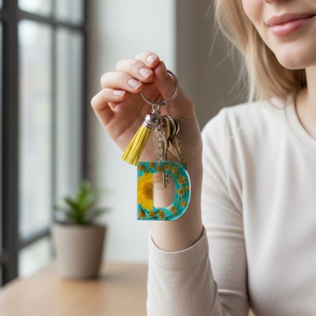 Resin Initial Keychain D – Natural Dried Flower