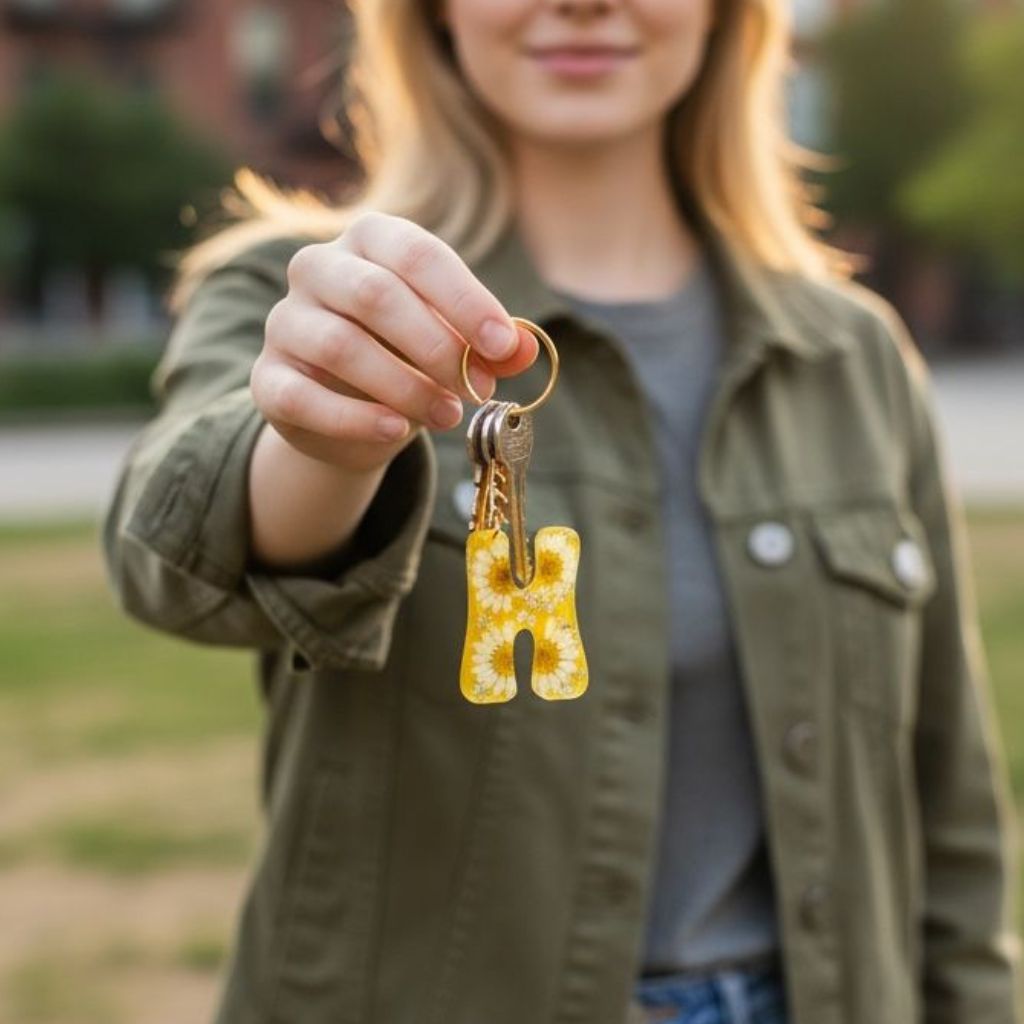 Resin Initial Keychain H – Natural Dried Flower