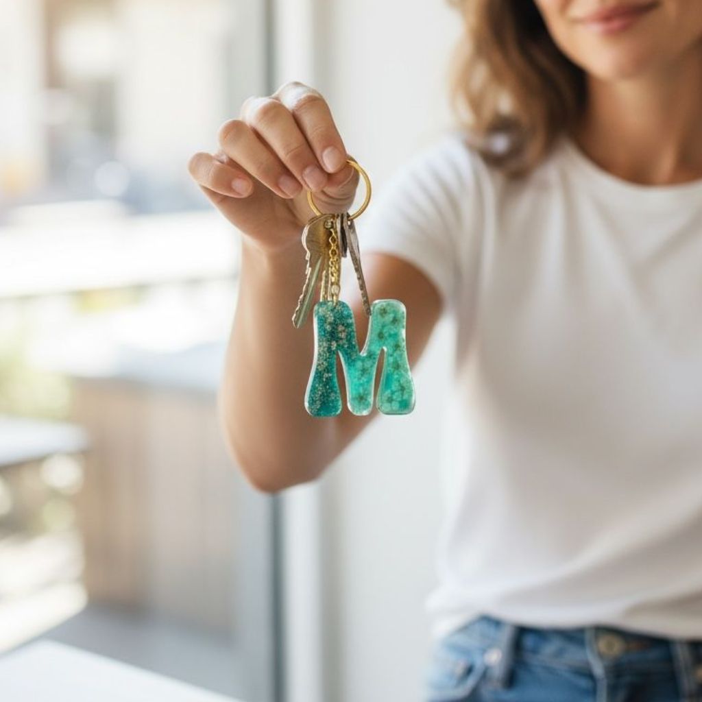 Resin Initial Keychain M – Glitter Sequins