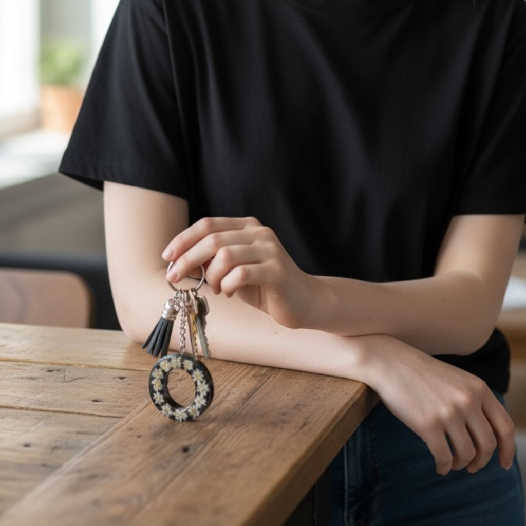 Resin Initial Keychain O  – Natural Dried Flowers