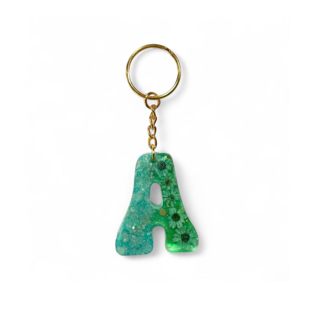 Green Resin Initial Keychain – Dried Flowers & Sequins