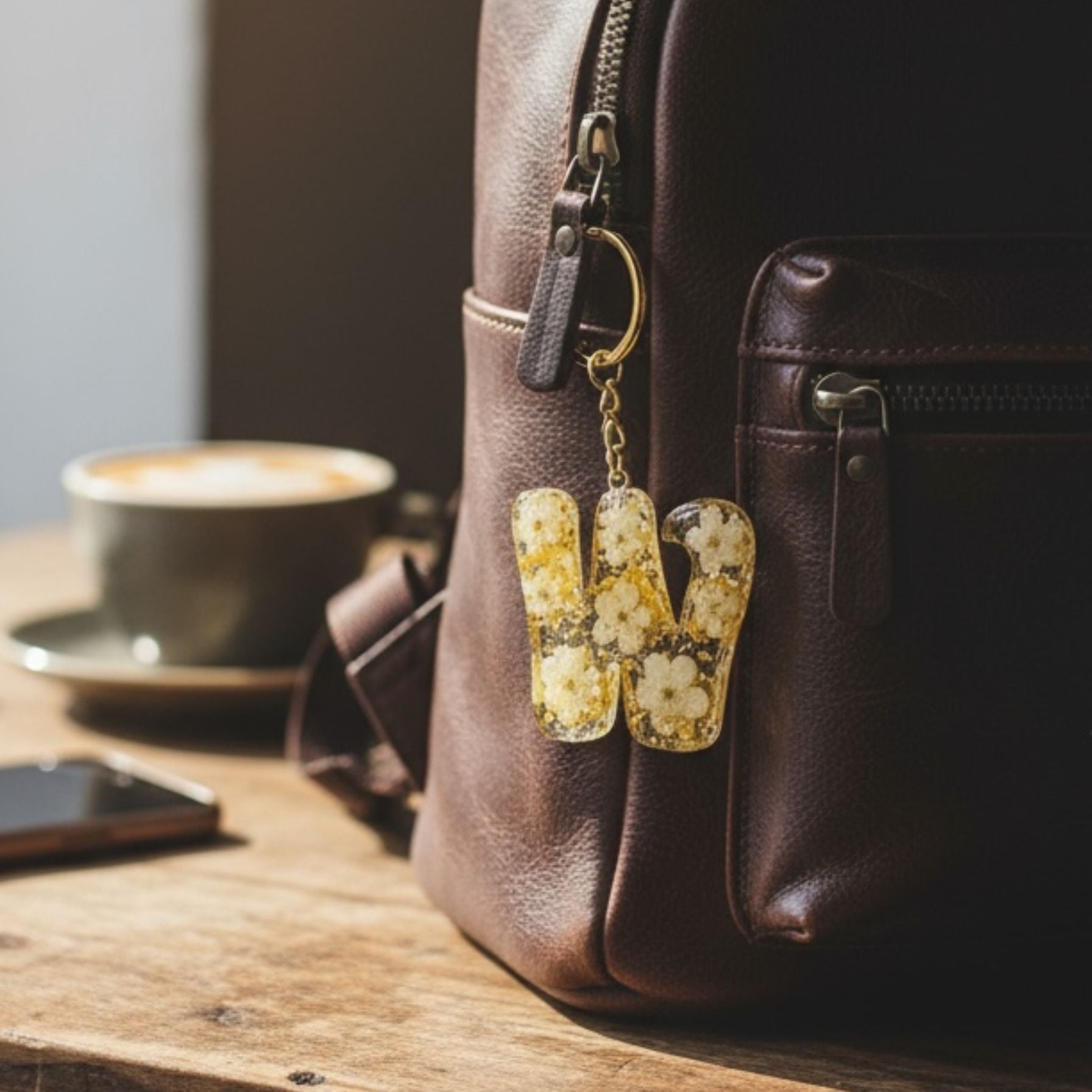 W Resin Keychain with Gold Leaf Dried Flowers