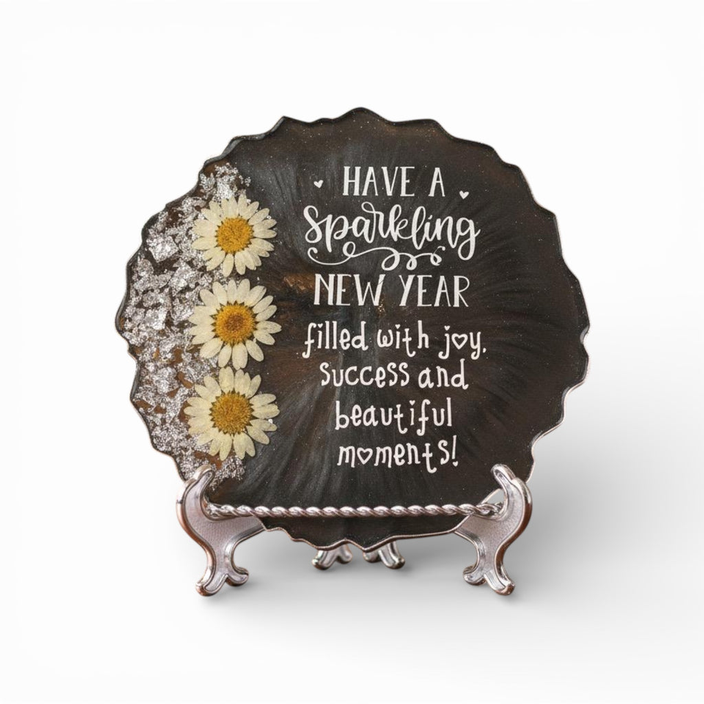Handmade Grey Resin New Year Coaster with Acrylic Stand