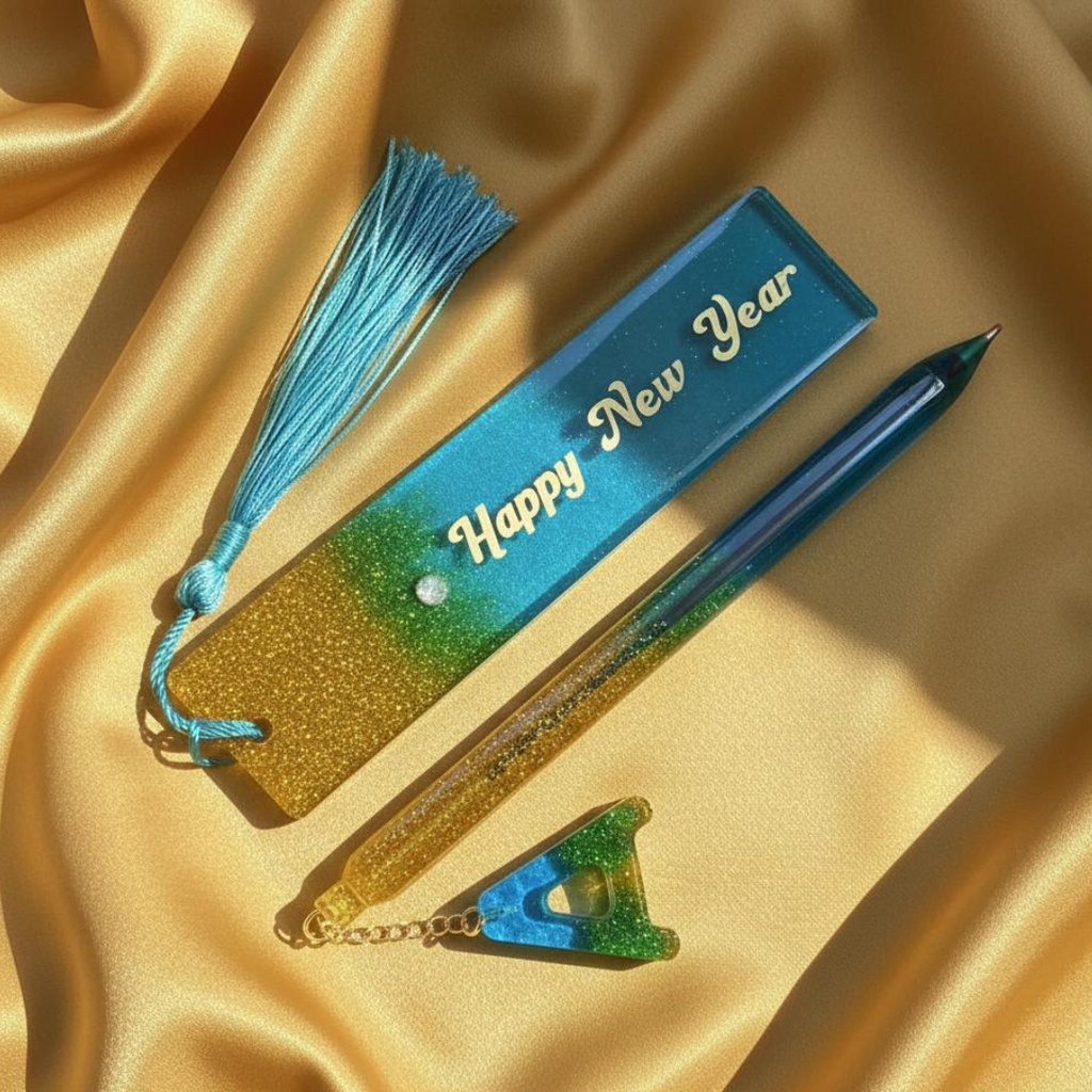 Handmade Blue & Gold Resin Pen and Bookmark Set with Tassel