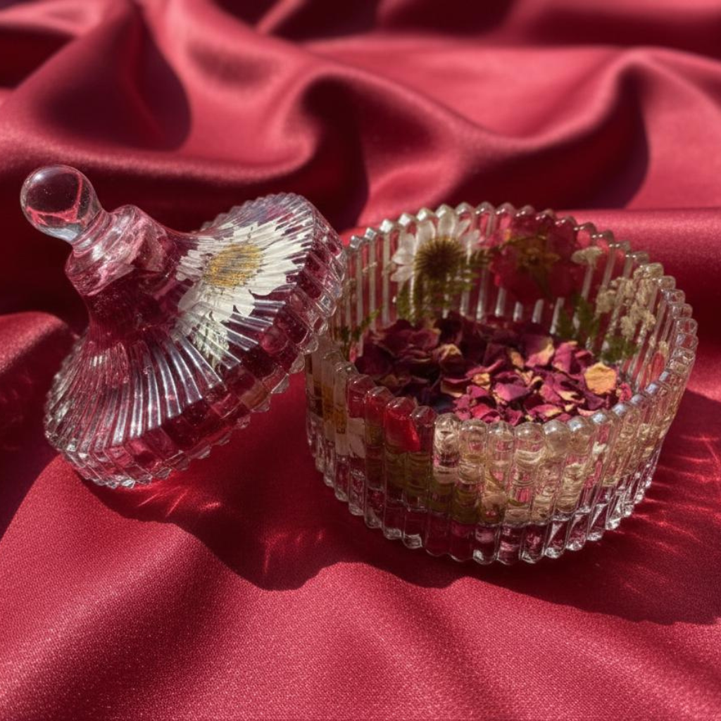 Handmade Clear Floral Resin Trinket Box with Lid