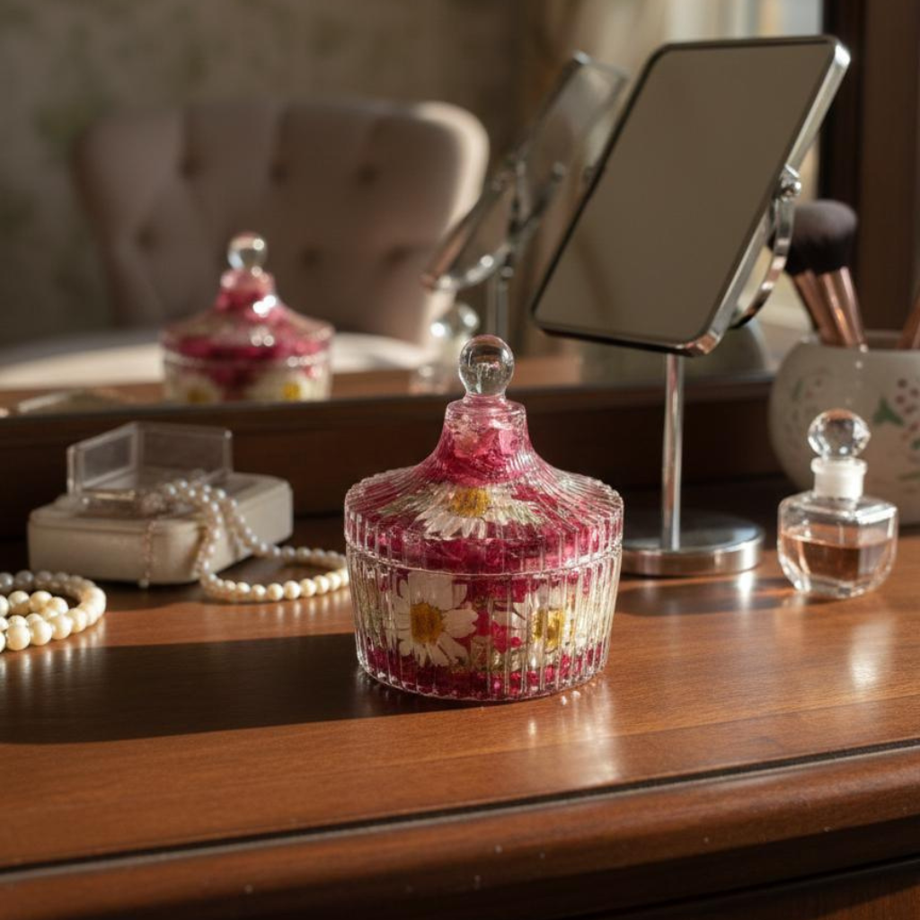 Handmade Clear Floral Resin Trinket Box with Lid