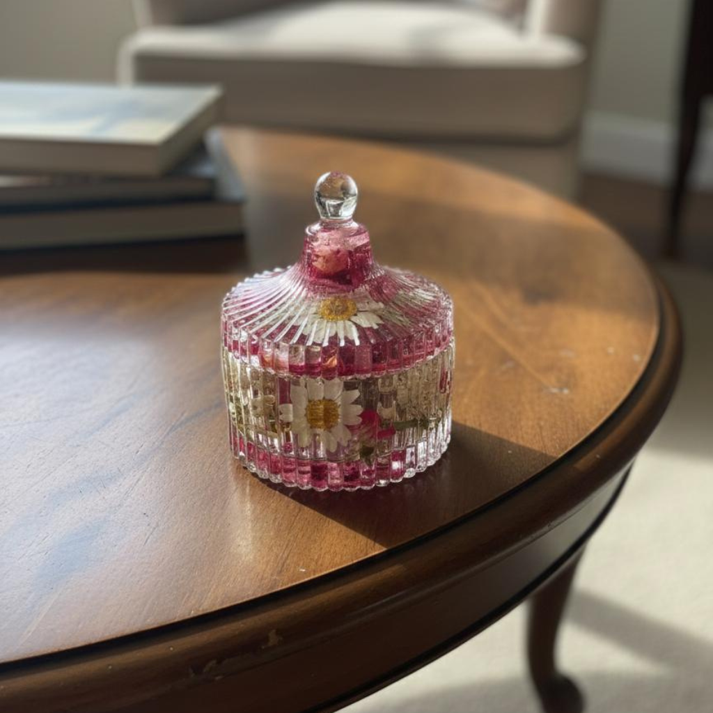 Handmade Clear Floral Resin Trinket Box with Lid