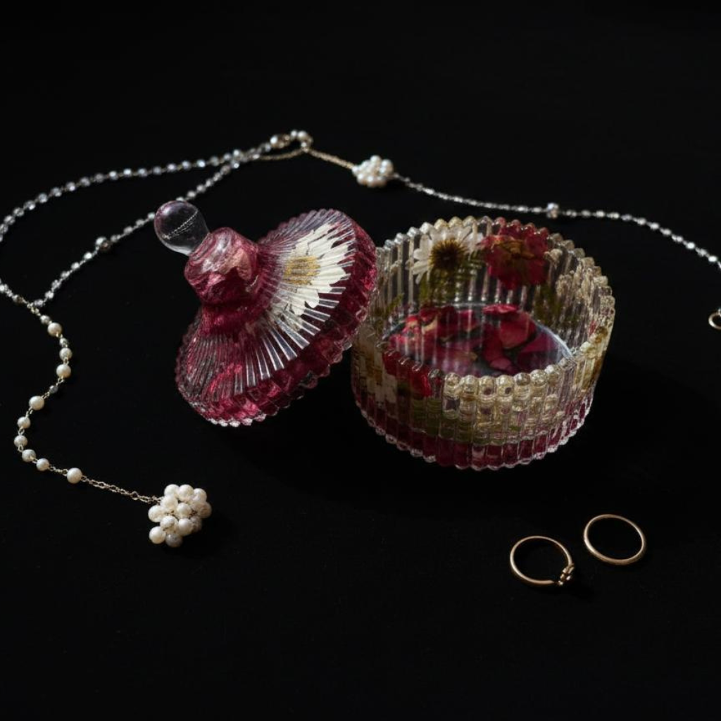 Handmade Clear Floral Resin Trinket Box with Lid