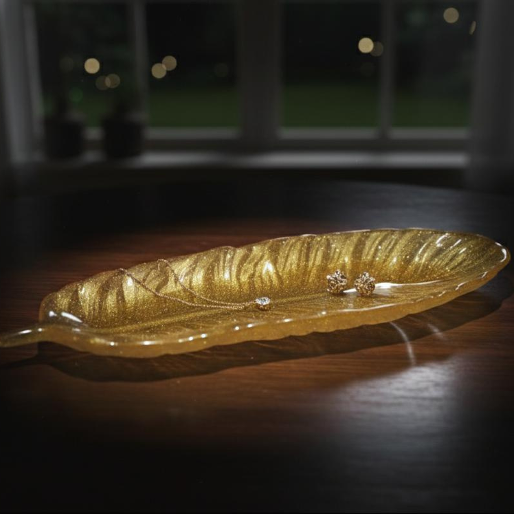Handmade Golden Resin Leaf Shape Decorative Tray
