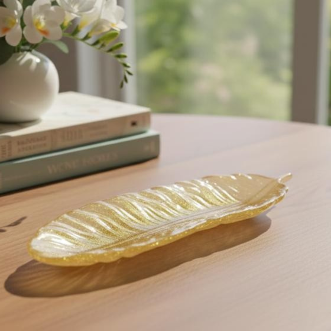 Handmade Golden Resin Leaf Shape Decorative Tray