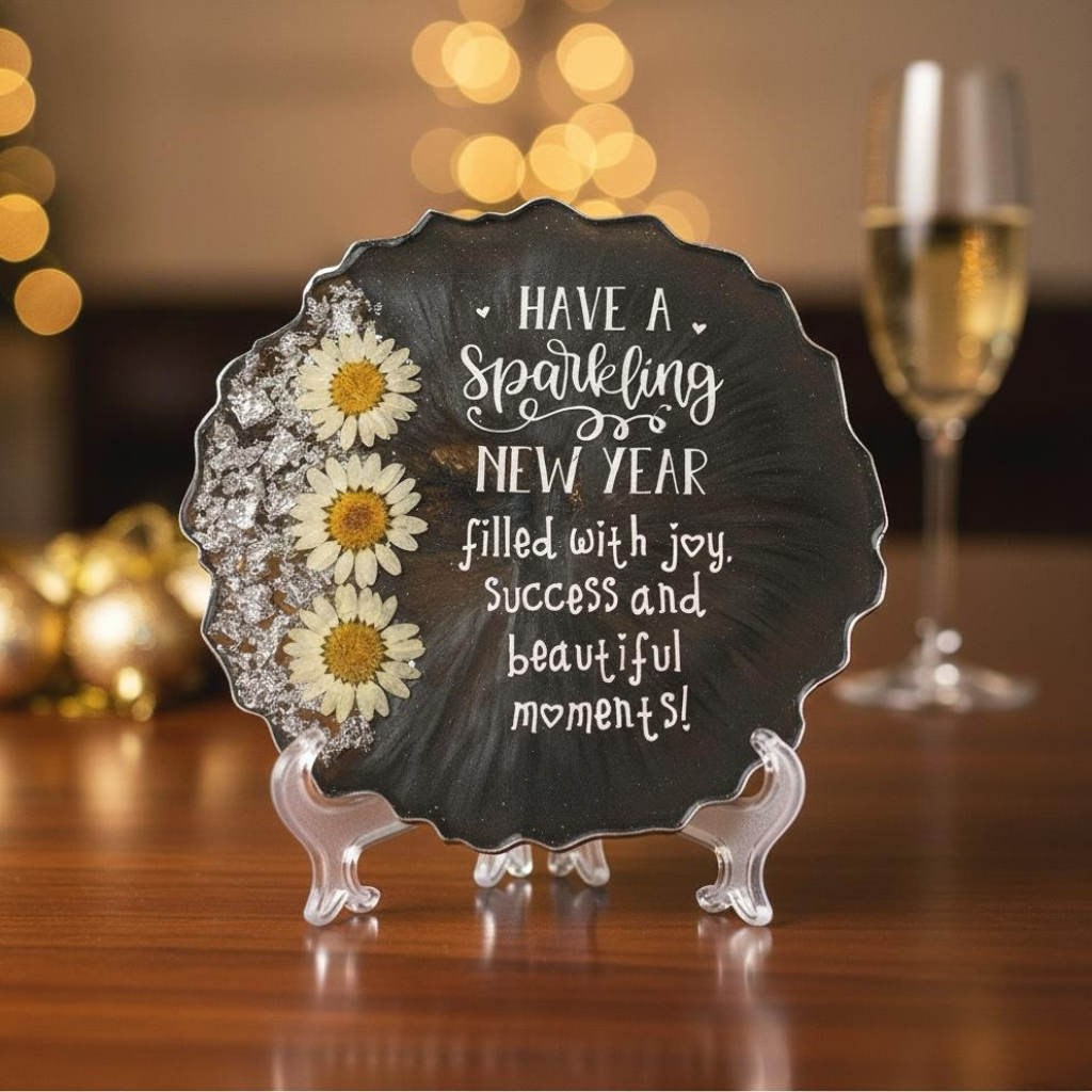 Handmade Grey Resin New Year Coaster with Acrylic Stand