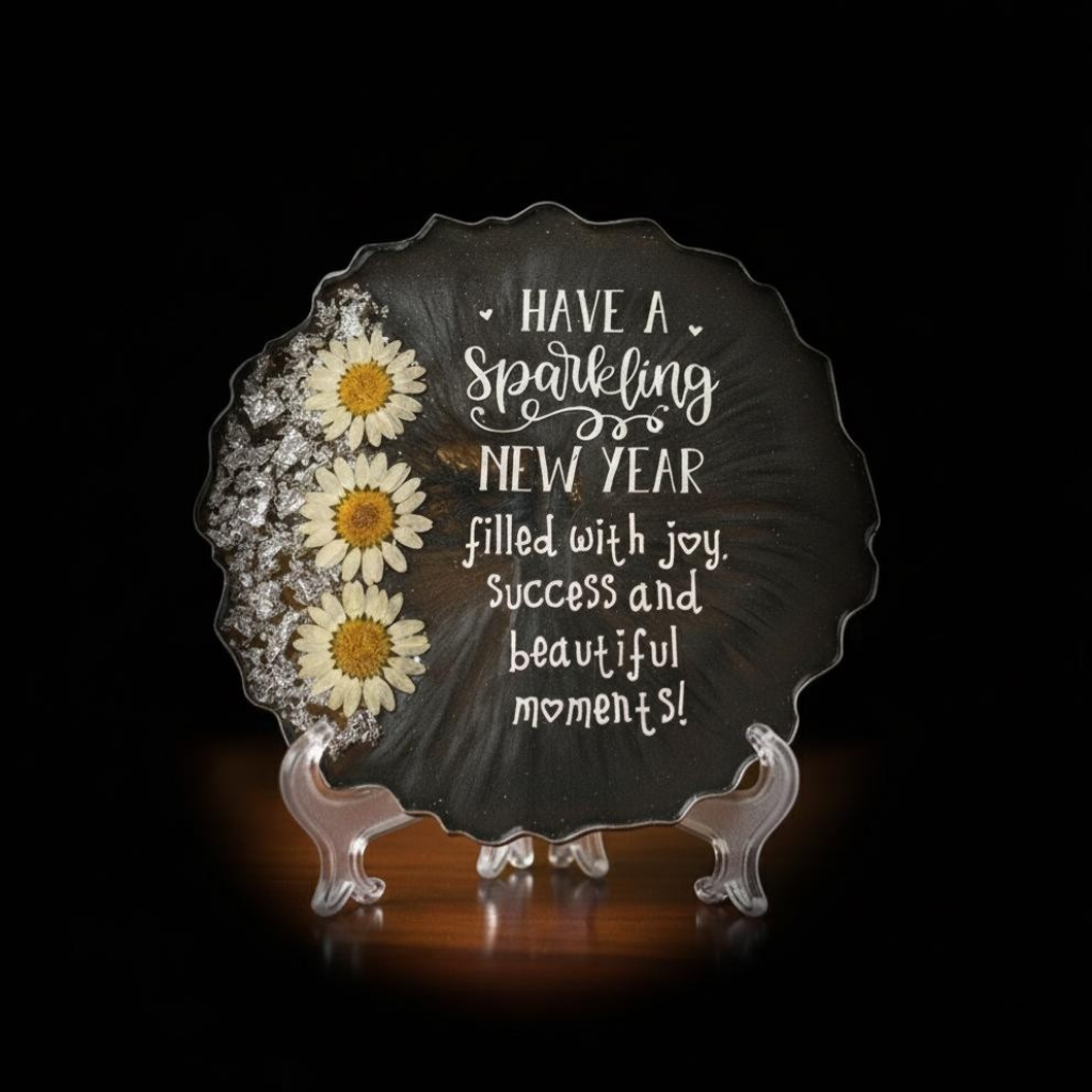 Handmade Grey Resin New Year Coaster with Acrylic Stand