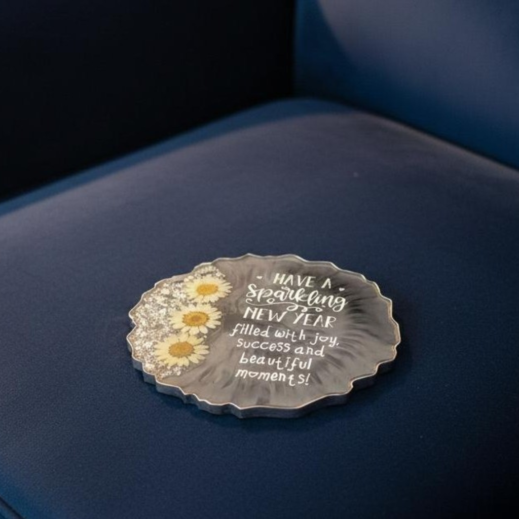 Handmade Grey Resin New Year Coaster with Acrylic Stand
