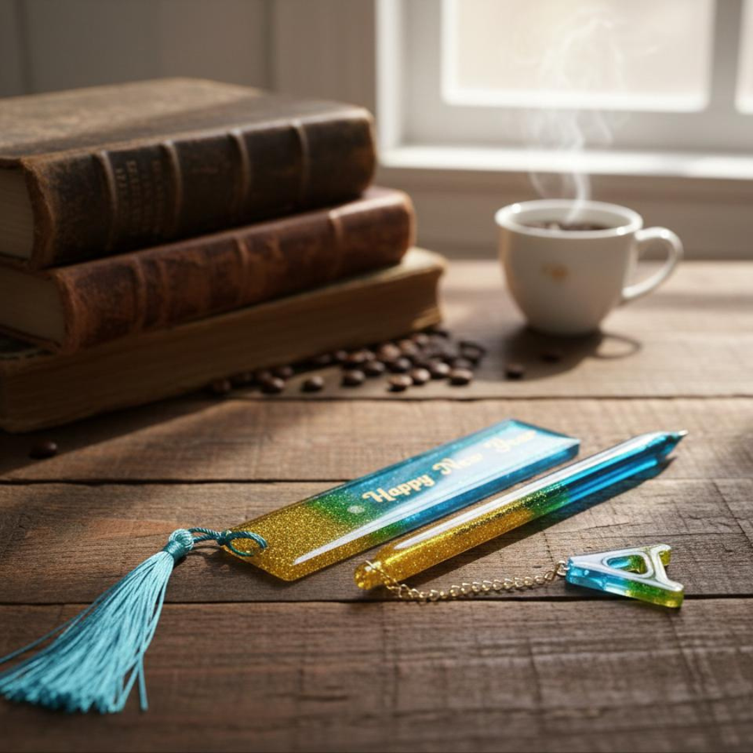 Handmade Blue & Gold Resin Pen and Bookmark Set with Tassel