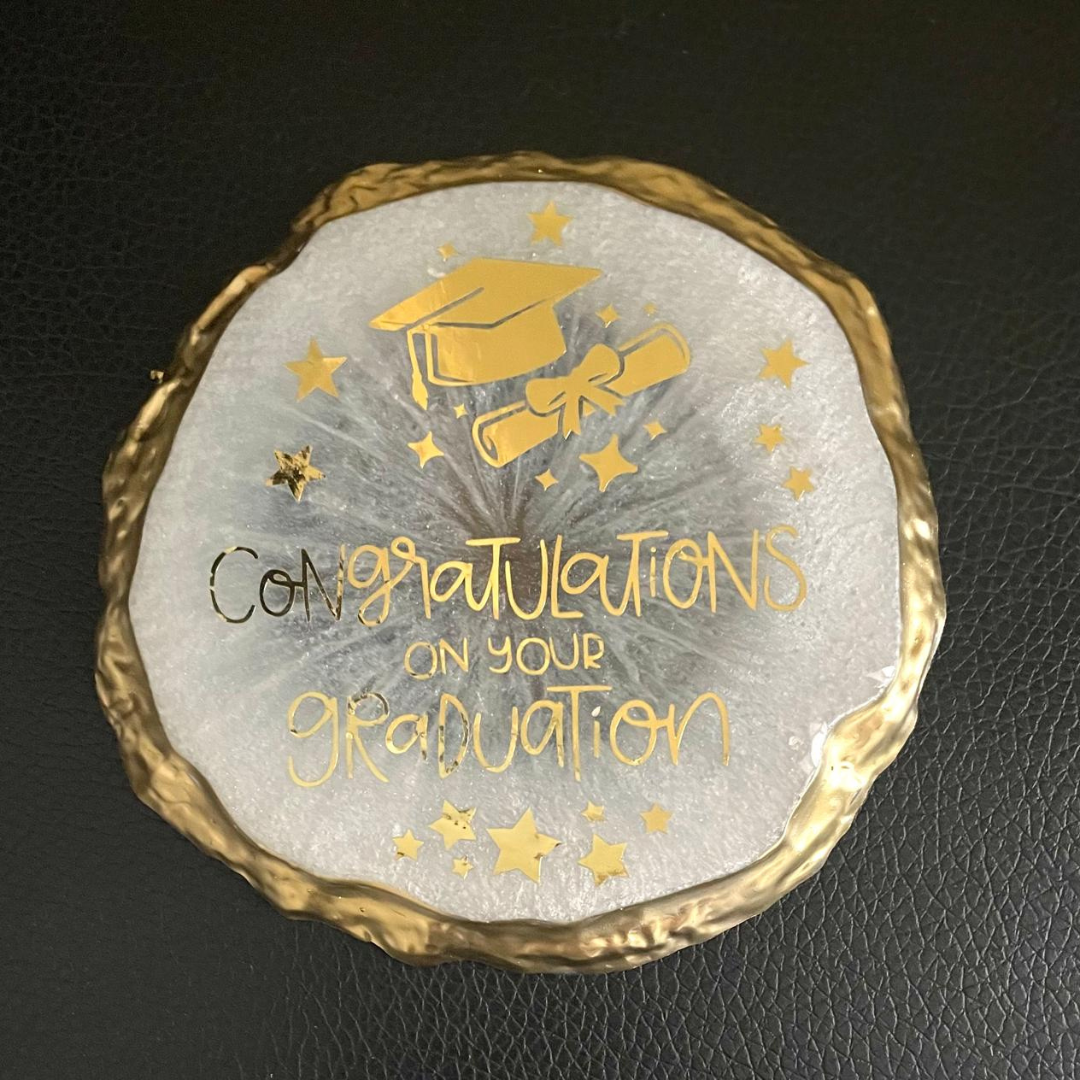 Handmade Resin Graduation Coaster with Gold Detailing