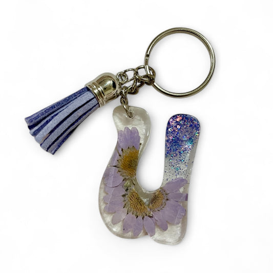 Handmade U Resin Dried Flowers Glitter Tassel Keychain