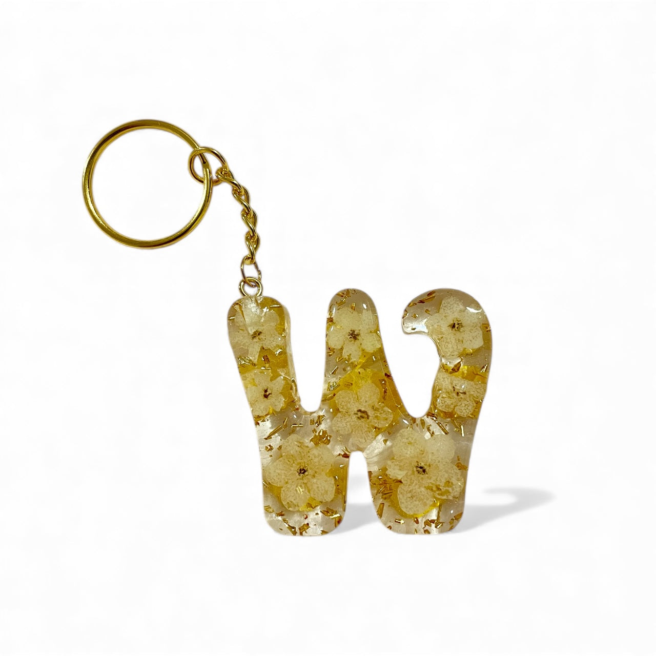 W Resin Keychain with Gold Leaf Dried Flowers