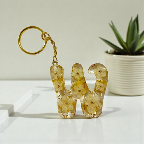 W Resin Keychain with Gold Leaf Dried Flowers
