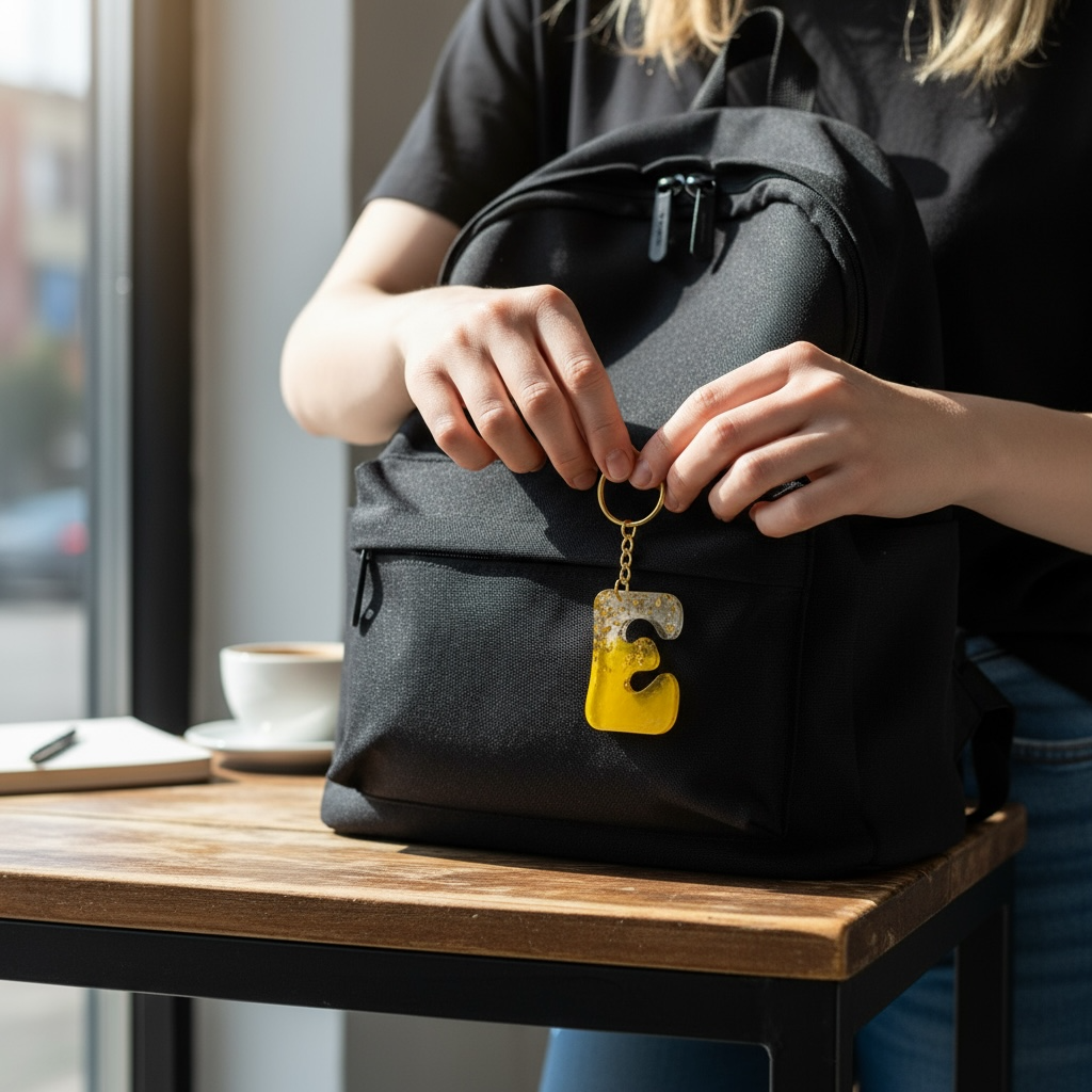 Handmade E Gold Leaf Resin Keychain