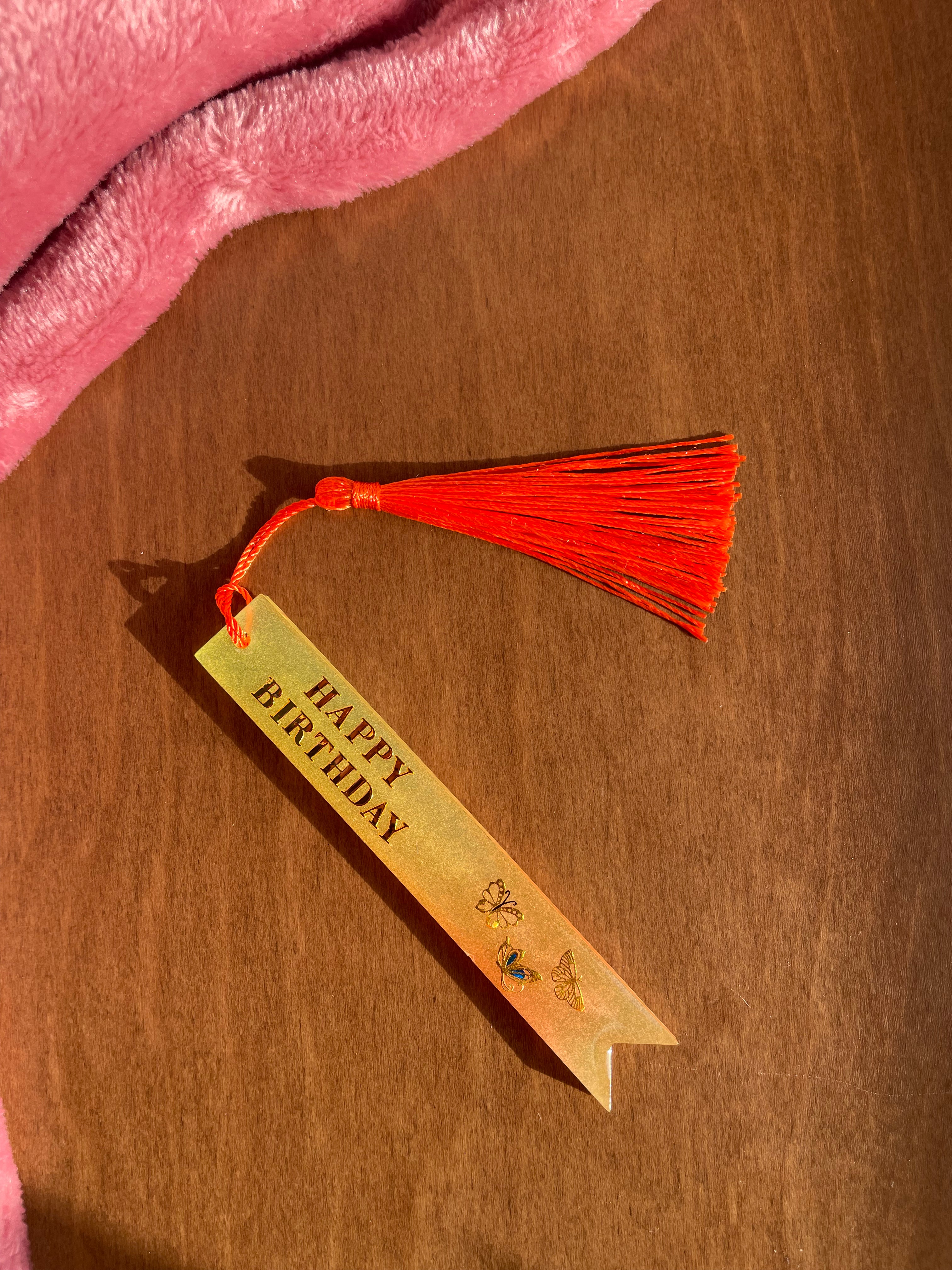 Handmade Happy Birthday Resin Bookmark with Orange Tassel