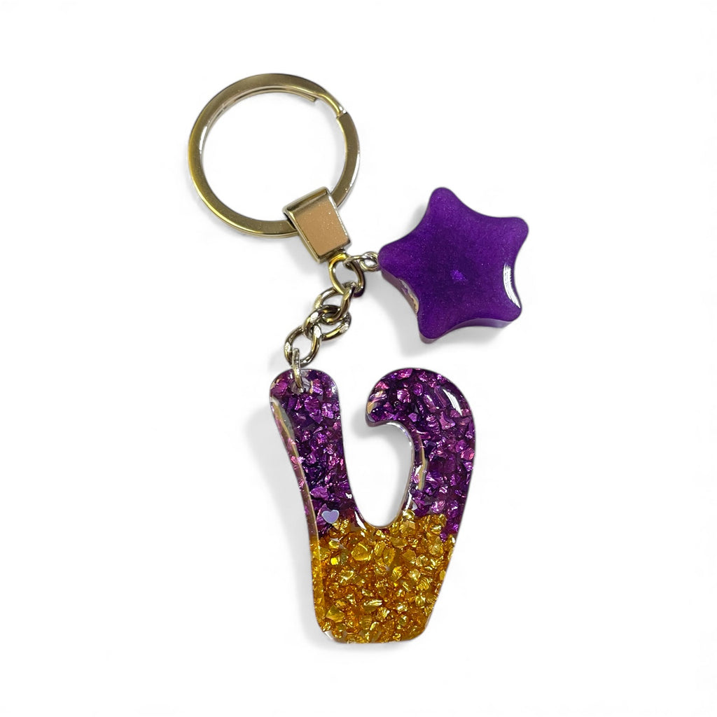 Handmade V Resin Golden Purple Stones Star Keychain