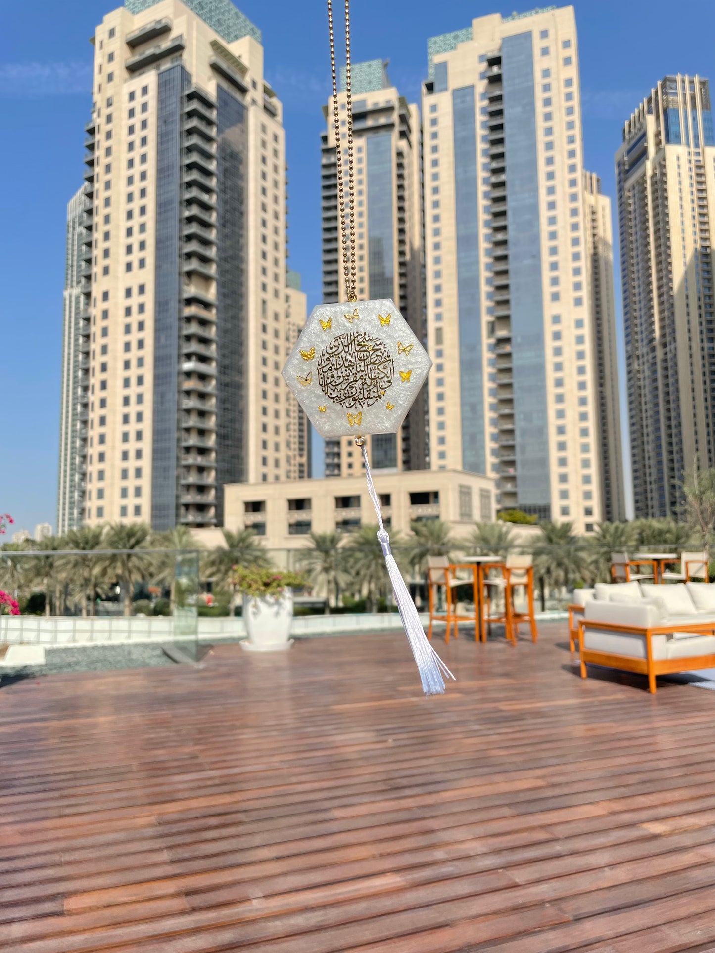 White Calligraphy Car Mirror Hanging - Hexagonal