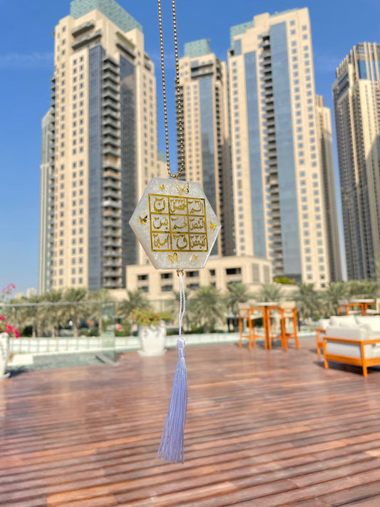 White Calligraphy Car Mirror Hanging - Hexagonal