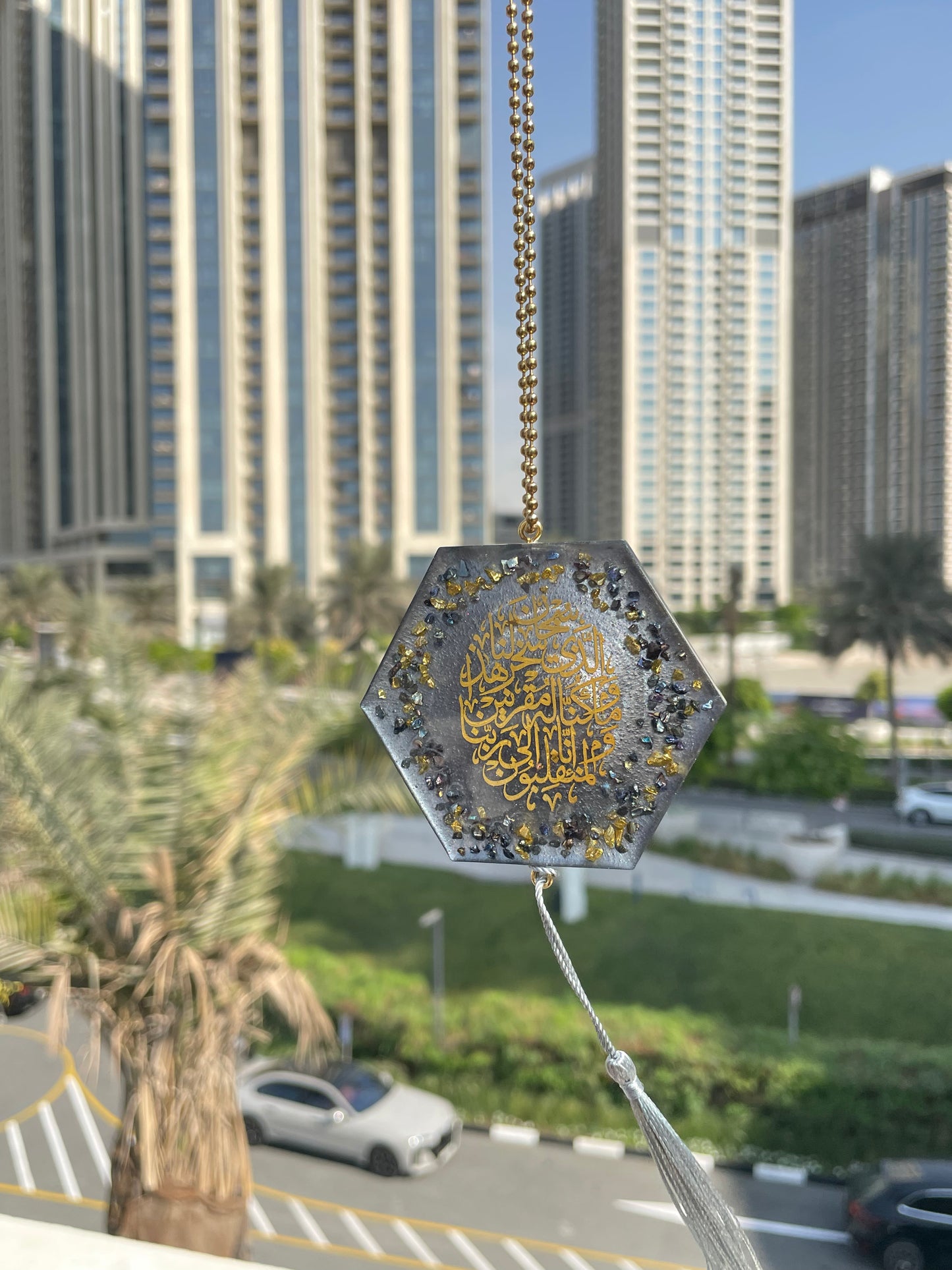 Grey Resin Car Mirror Hanging - Hexagonal