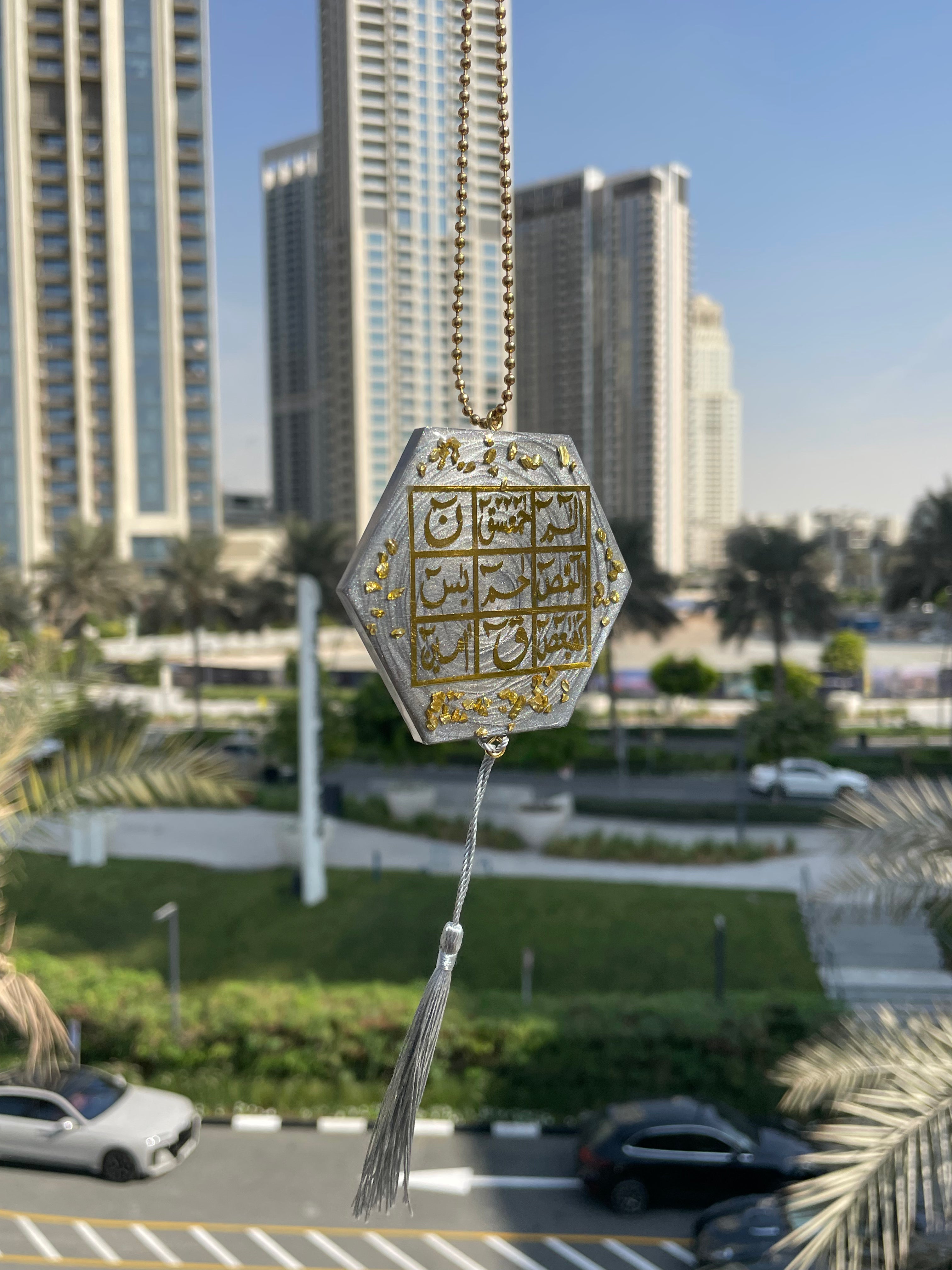 Grey Resin Car Mirror Hanging - Hexagonal