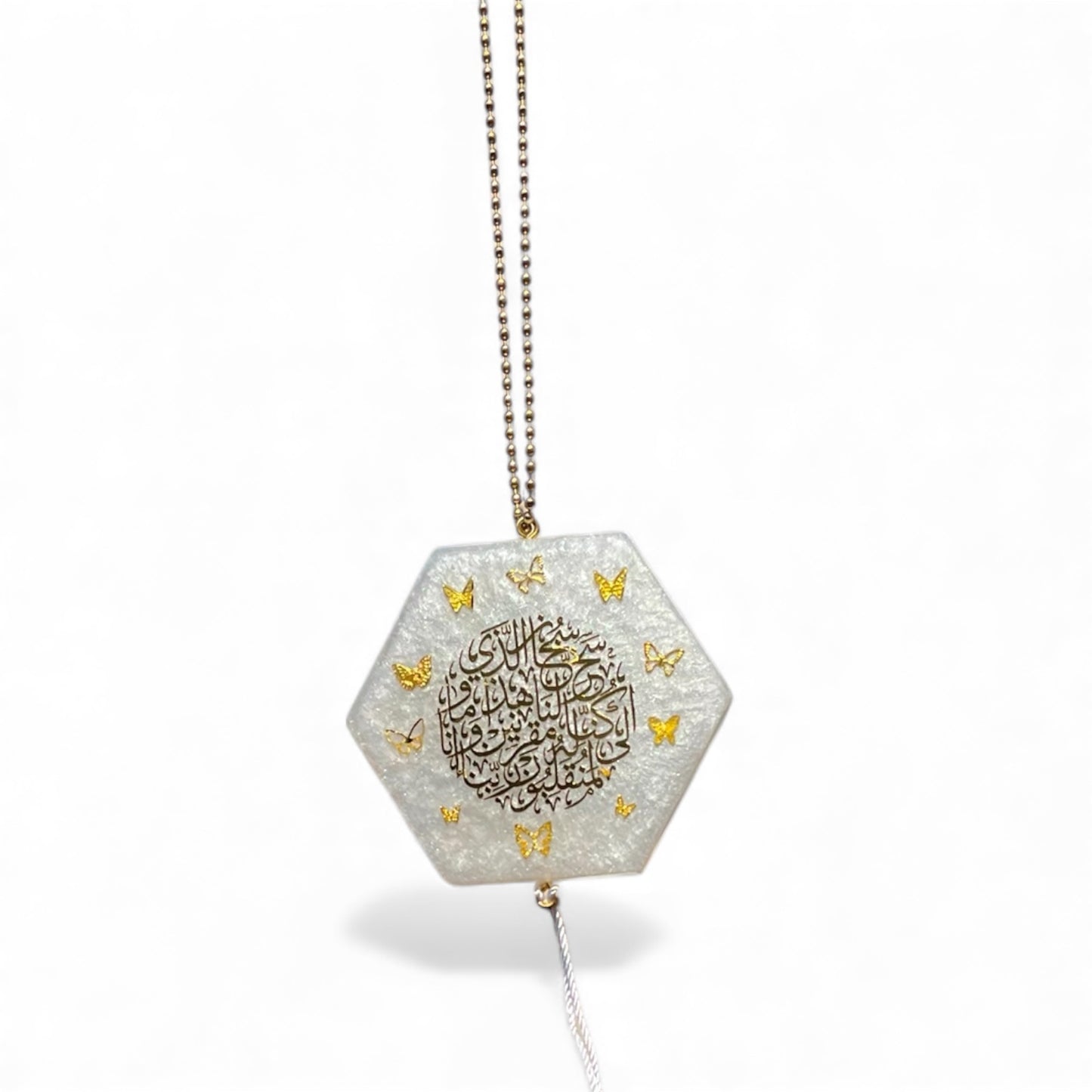 White Calligraphy Car Mirror Hanging - Hexagonal