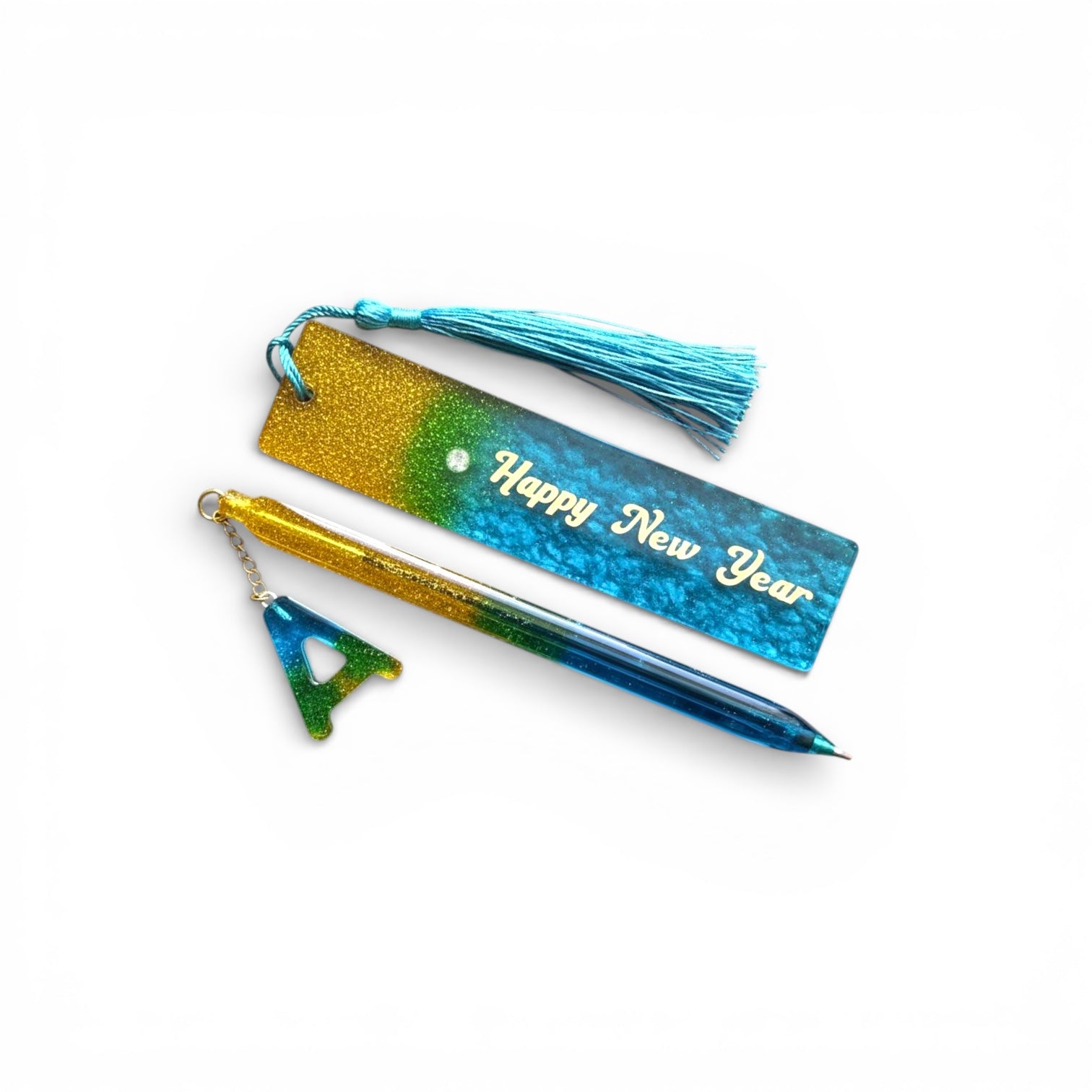 Handmade Blue & Gold Resin Pen and Bookmark Set with Tassel