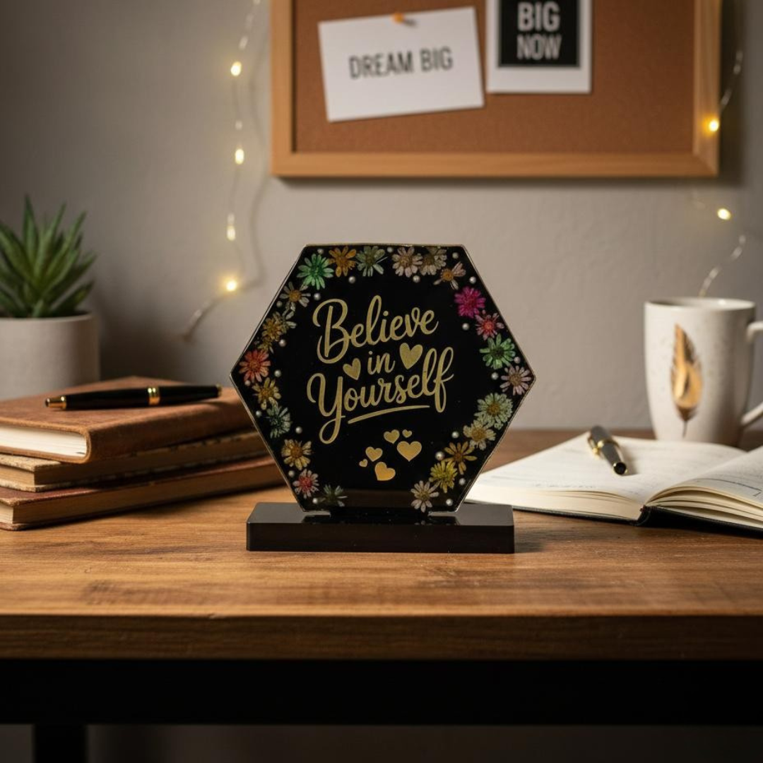 Handmade Black Resin “Believe in Yourself” Table Stand