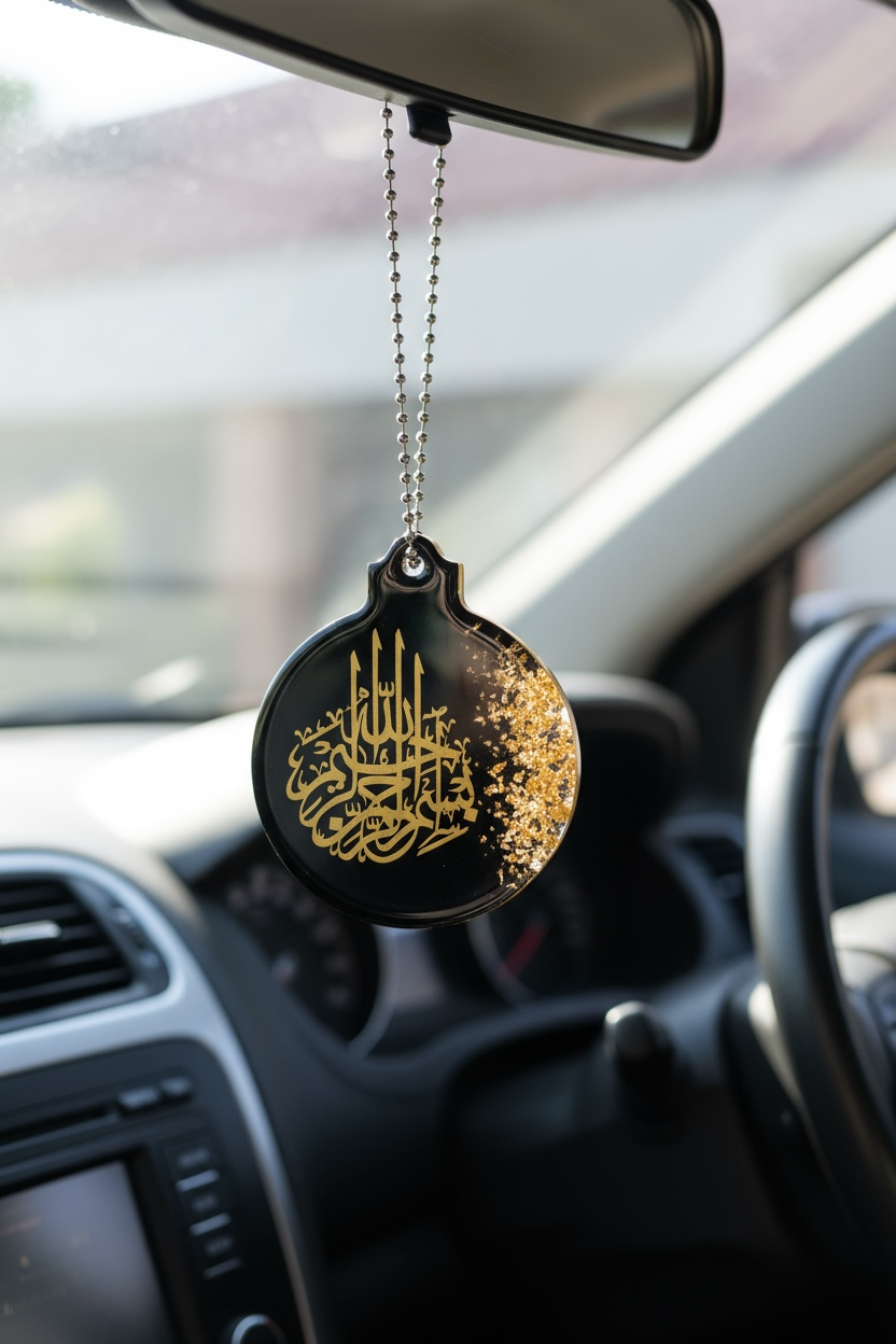 Resin Car Rear Mirror Hanging – Gold Leaf Calligraphy | 7.5 x 6 cm