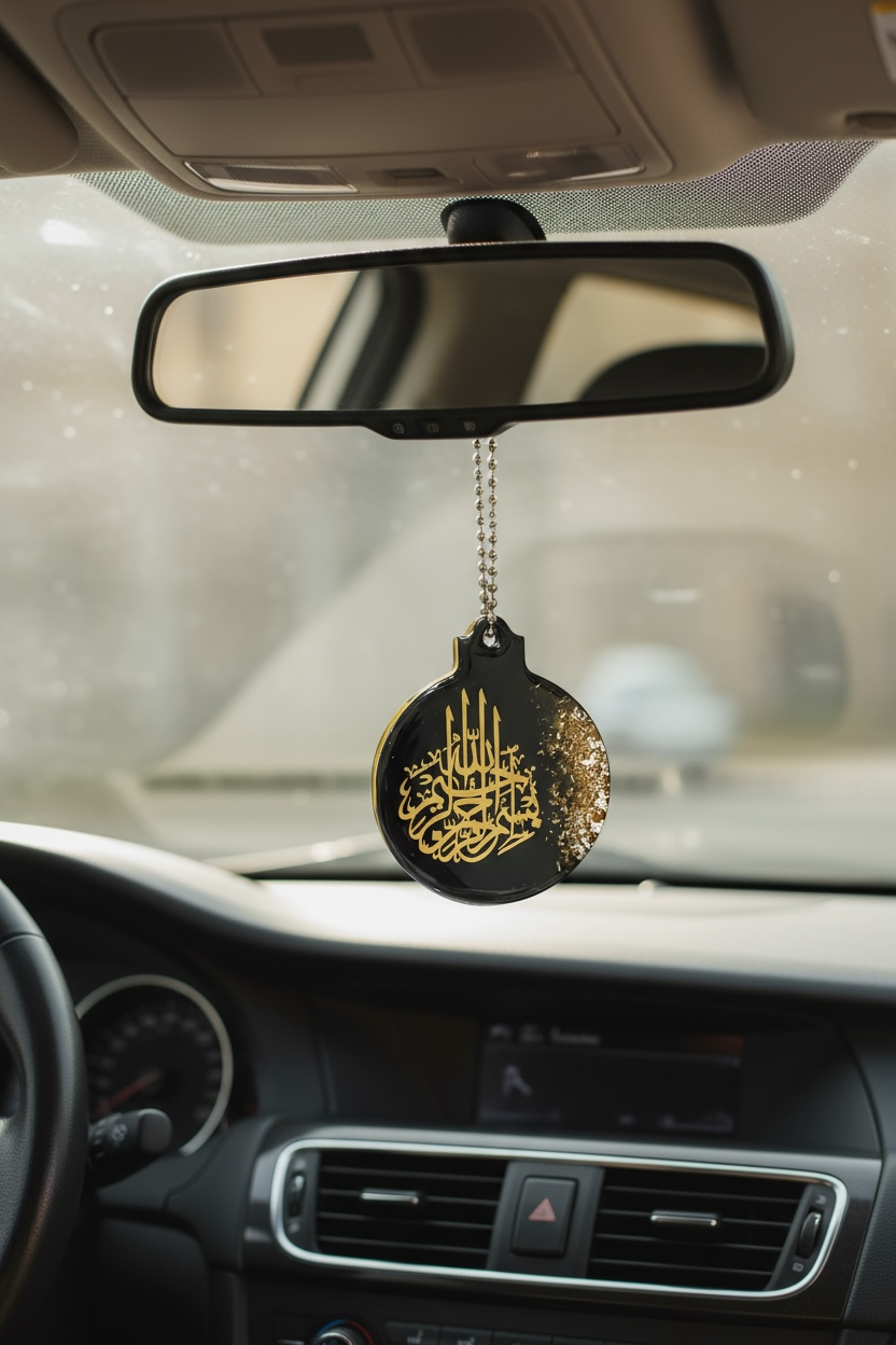 Resin Car Rear Mirror Hanging – Gold Leaf Calligraphy | 7.5 x 6 cm