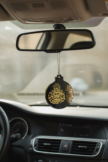 Resin Car Rear Mirror Hanging – Gold Leaf Calligraphy | 7.5 x 6 cm