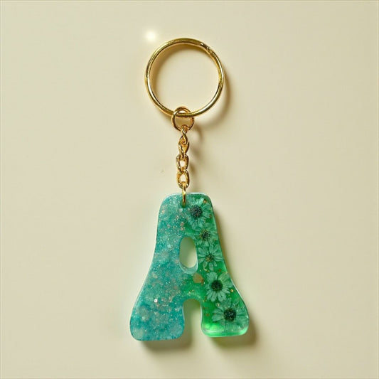 Green Resin Initial Keychain – Dried Flowers & Sequins