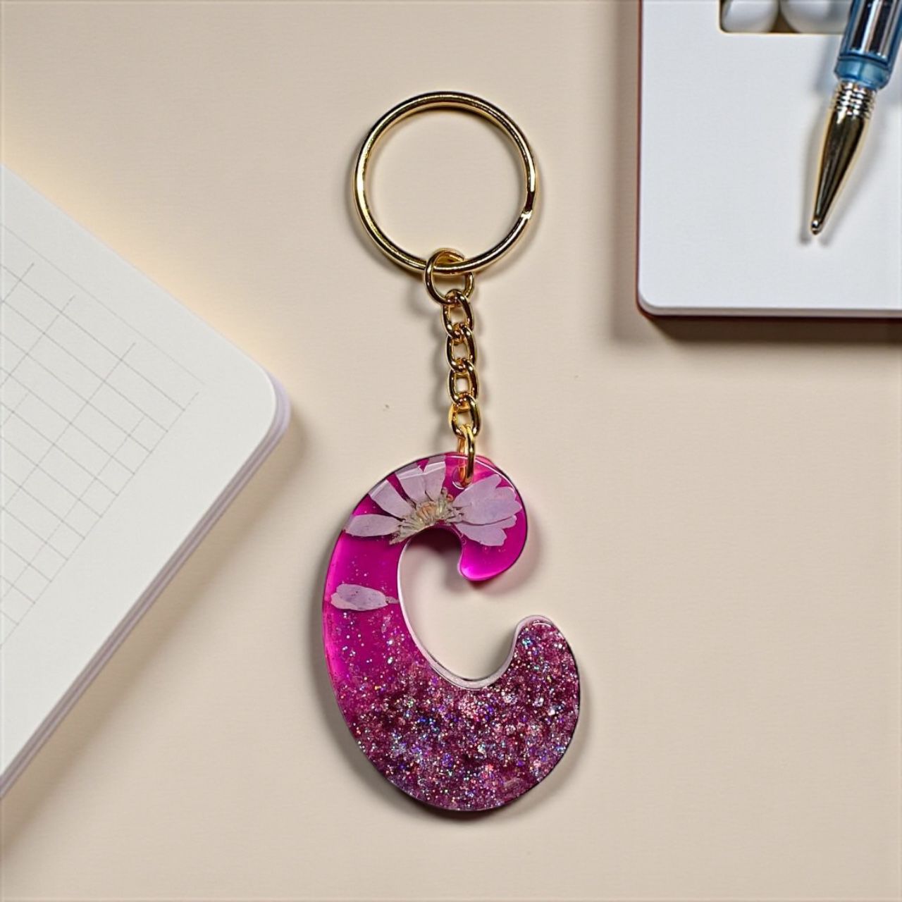 Resin Initial Keychain C - Dried Flowers